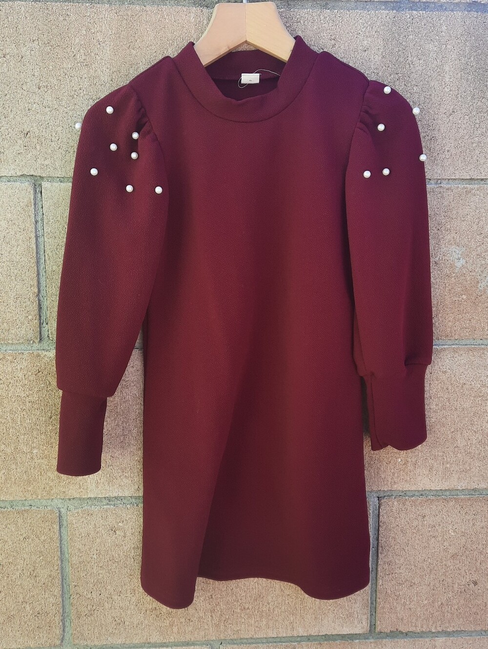 Shein Girl's Burgundy Red with Pearl Adorned Long Sleeve Dress Size 7Y